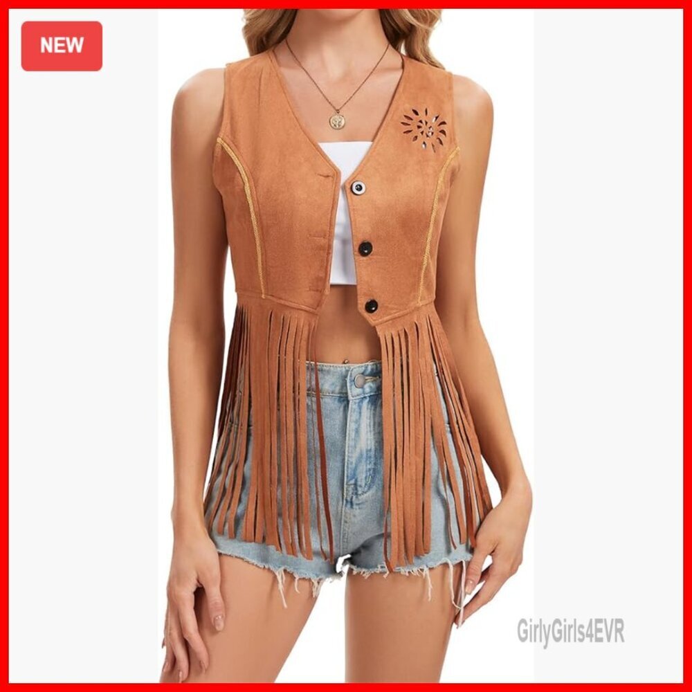 Faux Suede Fringe Vest Slim Fit Sleeveless Western Cowgirl Vintage Hippie